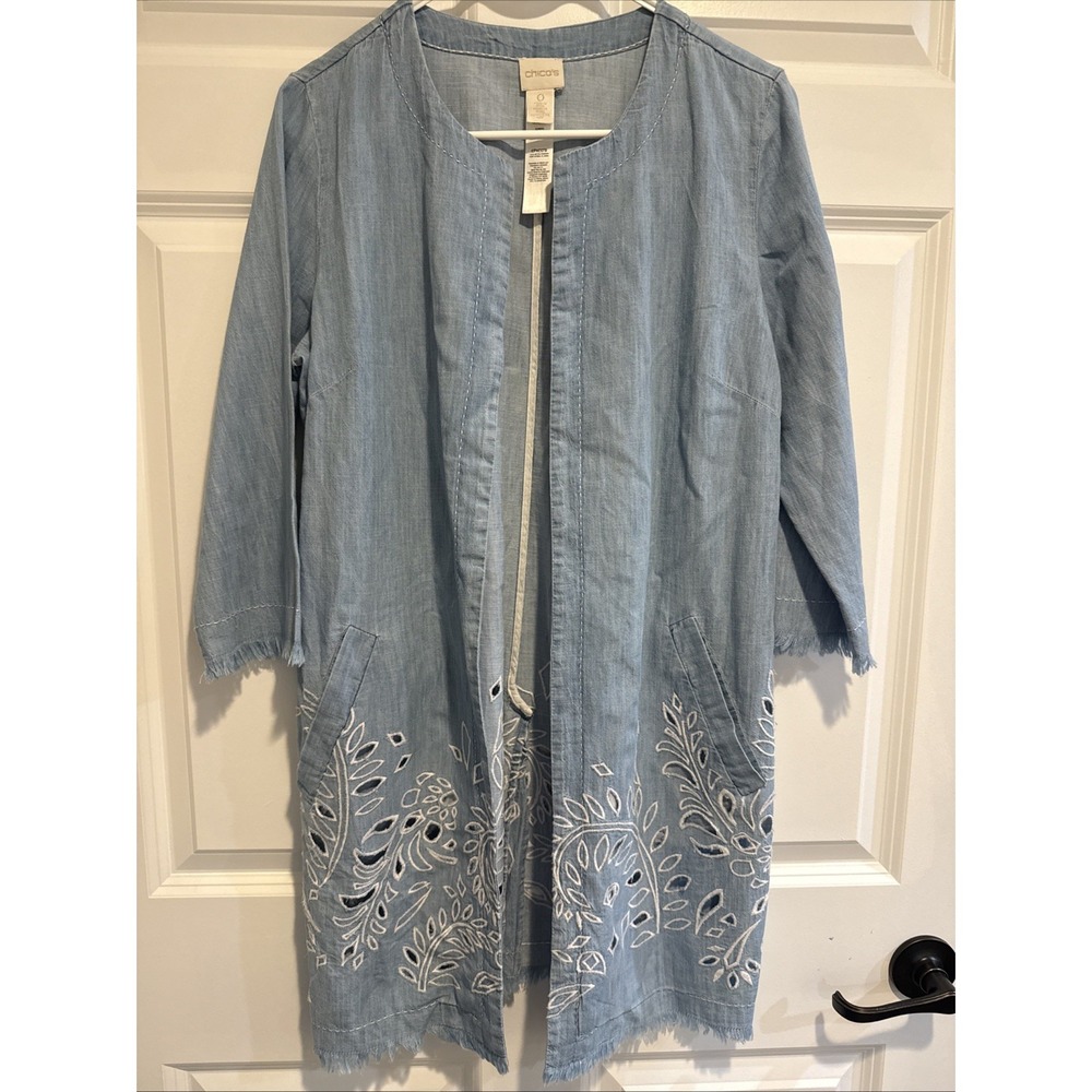 Chicos Blue Chambray Denim Eyelet Embroidered Open Front Duster Jacket Size 0 M